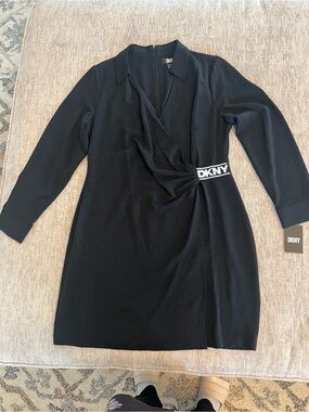 DKNY Black Long-Sleeve Wrap Dress with Logo Waist